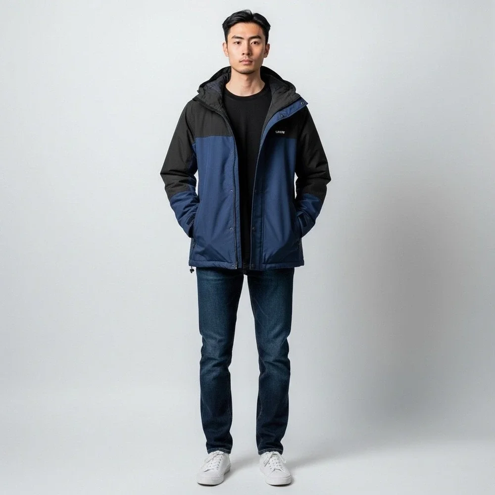 Levi's Men's Fleece Lined Shell Jacket Size M Blue‎ Black Hooded Water Resistant